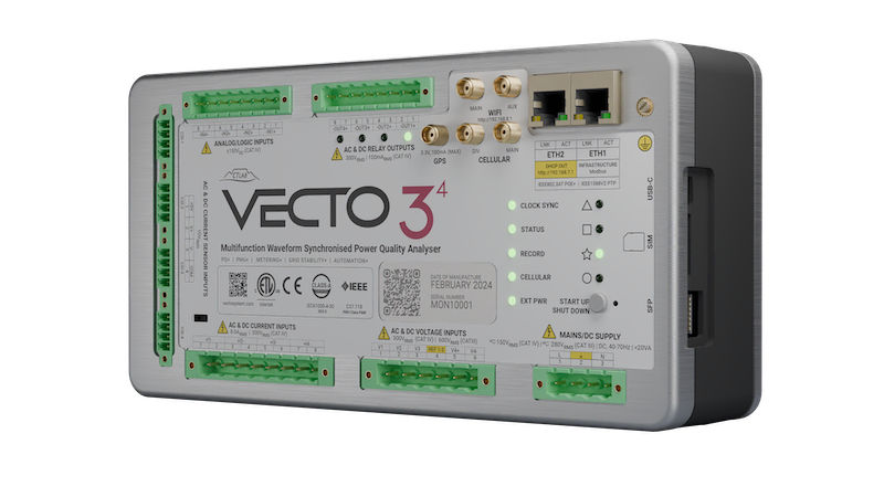 CT LAB - Grid Monitoring Edge Computer. The VECTO 3 Synchronised Waveform Power Quality Measurement Unit. Monitor time synchromised power quality and Phasor Measurement Units data streams.